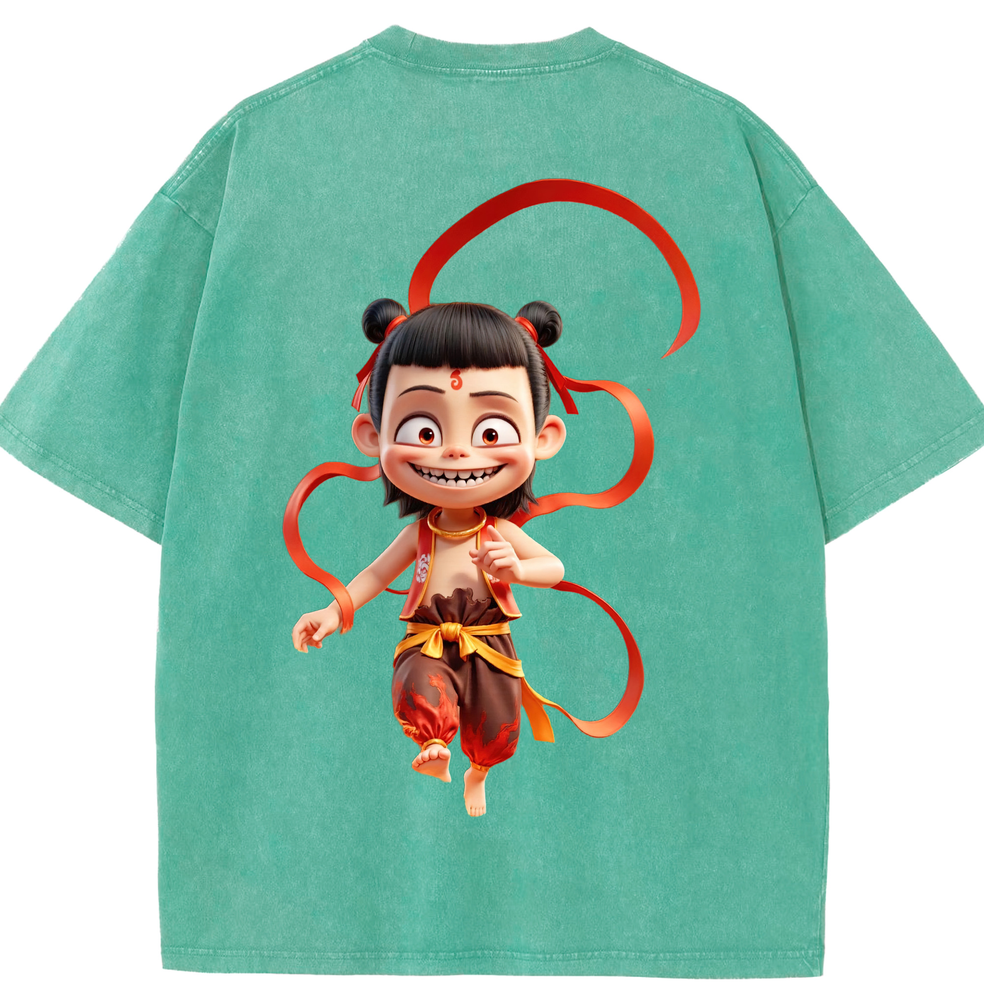 （画像用） Ne Zha 2 ナタ 魔童の大暴れ 綿100% ヴィンテージ風 半袖Tシャツ（背面プリント）